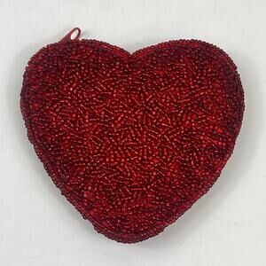 Beaded Red Heart Coin Purse Zip Pouch Handmade Gift Bag Valentine Accessory 4"